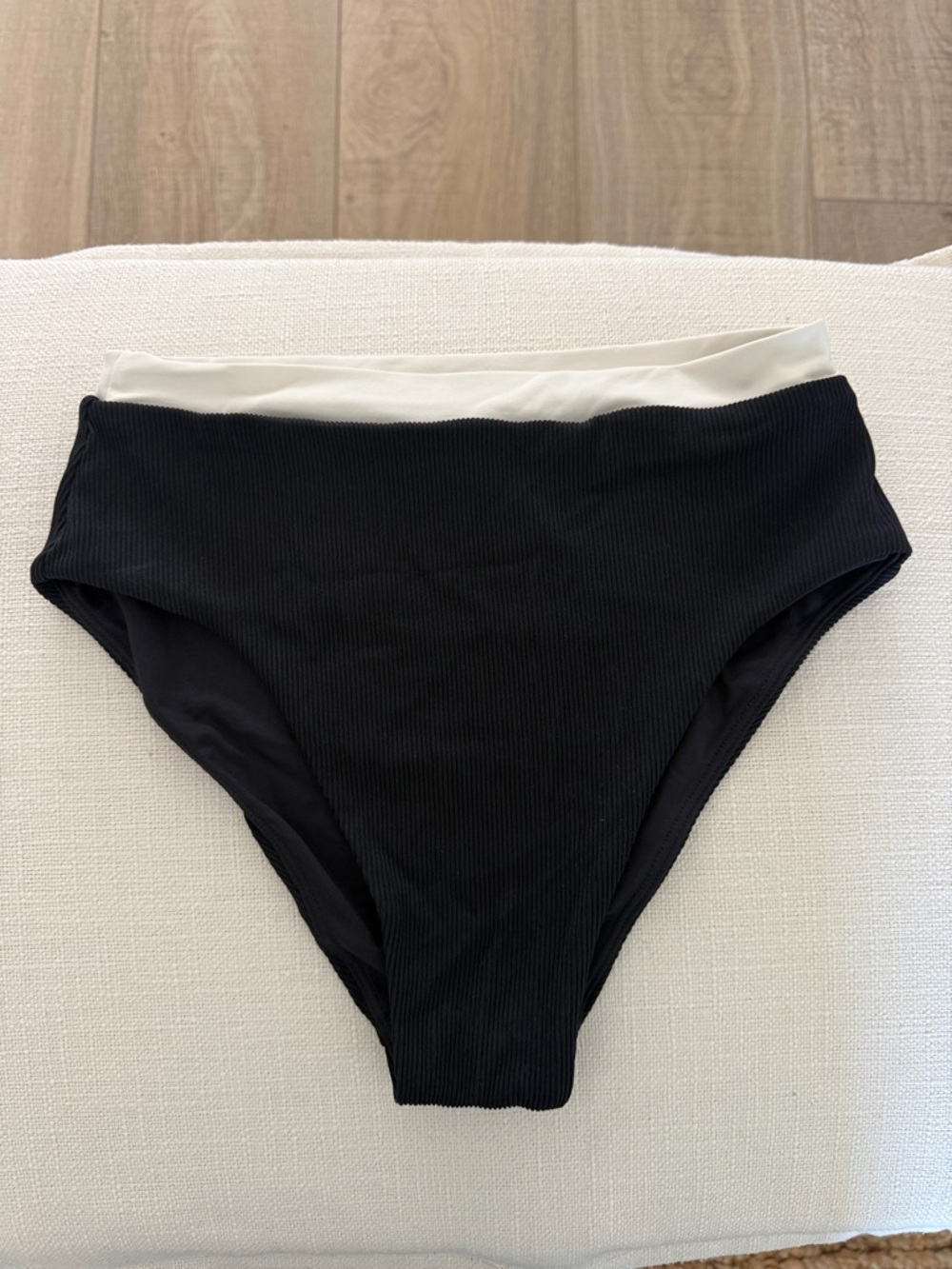 l*space Black Ribbed High-Waist Bikini Bottoms with Cream Waistband
